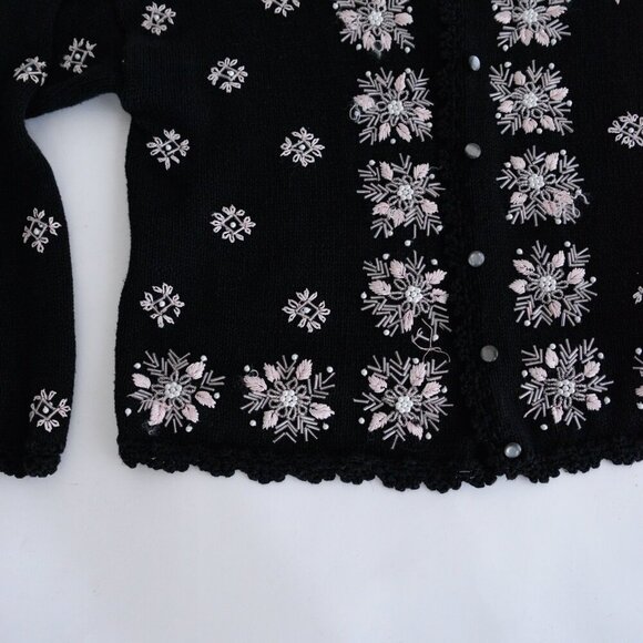 Vintage Maggie Lawrence Black Pink Embroidered Floral Button Cardigan Sweater M - Picture 8 of 12